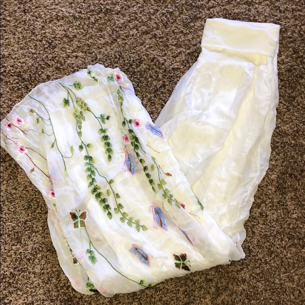 White embroidered silk pants